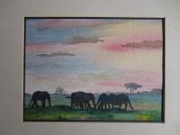 IMG 4236  Olifanten in zonsondergang, aquarel, 19x14 cm
