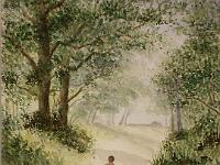 PICT2281  Man met hond in bos, aquarel, 47x35 cm, ingelijst 50x65 cm